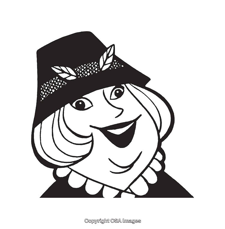 Black and White Line Art Illustration of a Smiling Woman in a Hat