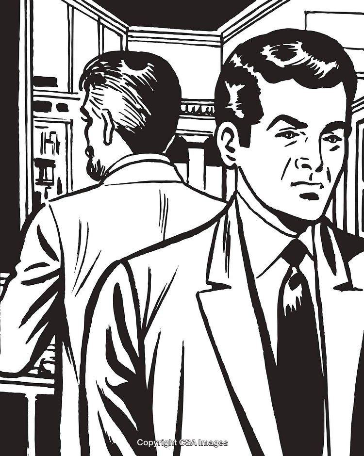 Retro Illustration of Two Men in Office Setting with Thoughtful Expressions