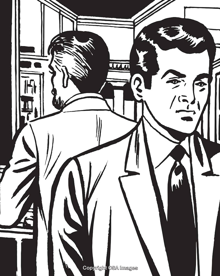 Retro Illustration of Two Men in Office Setting with Thoughtful Expressions