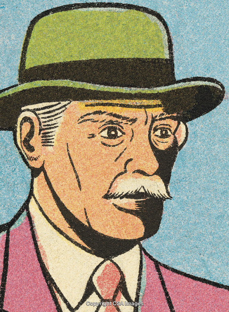 Retro Illustration of Elderly Gentleman in Hat and Suit Portrait Close-Up