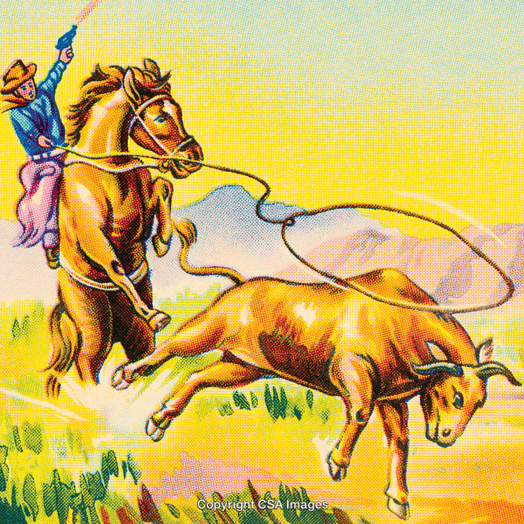 Vintage Western Scene with Cowboy Lassoing a Bull in a Pastoral Setting