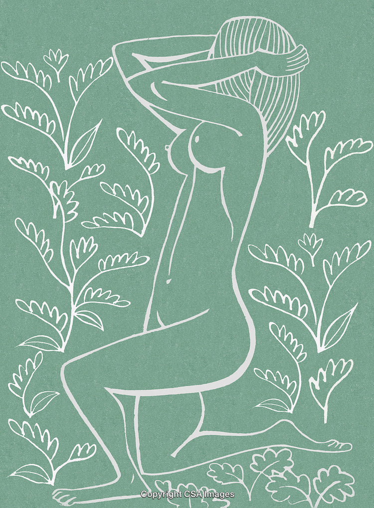 Elegant Abstract Depiction of a Woman Amid Botanical Elements on Green Background