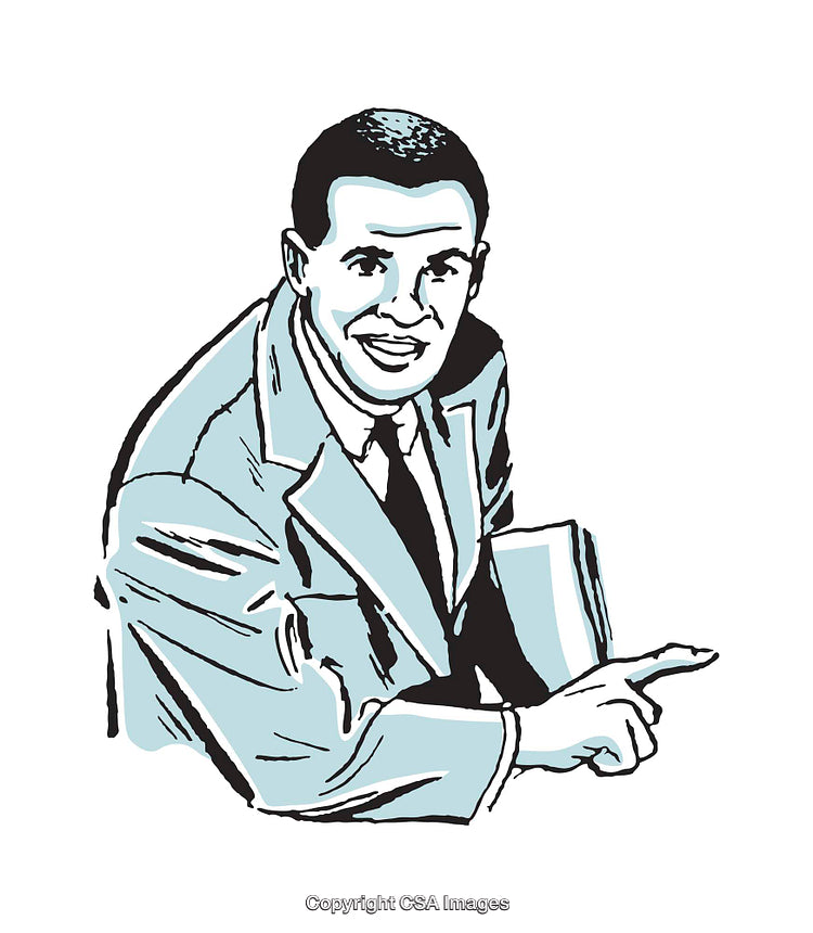 Retro Illustration of Smiling Businessman Gesturing Confidently in Classic Attire