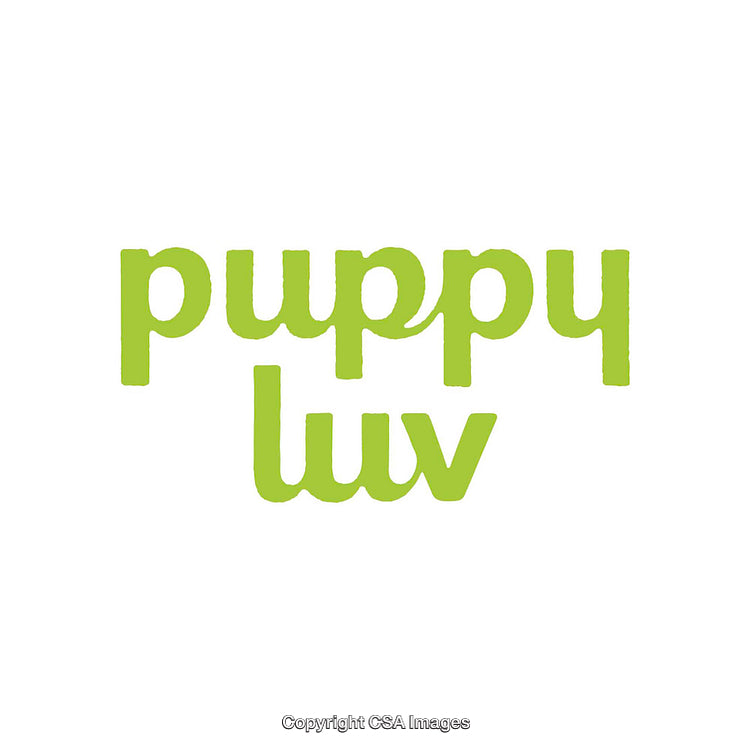 Bright Green Text Featuring the Words Puppy Luv on a White Background