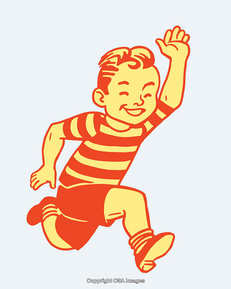 Happy Child Jumping and Waving in Colorful Retro Artwork