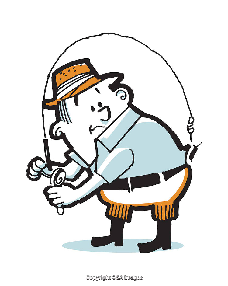 Cartoon of a Man Fishing With an Unsteady Expression and Hat