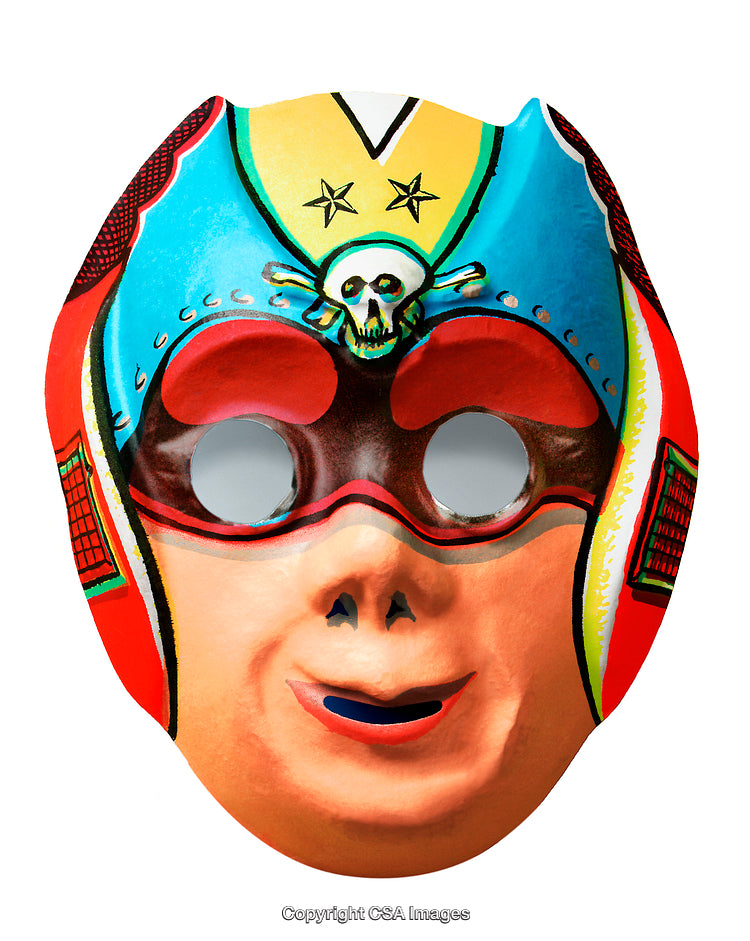 Vibrant Vintage-Inspired Mask with Bold Colors and Intriguing Skull Design