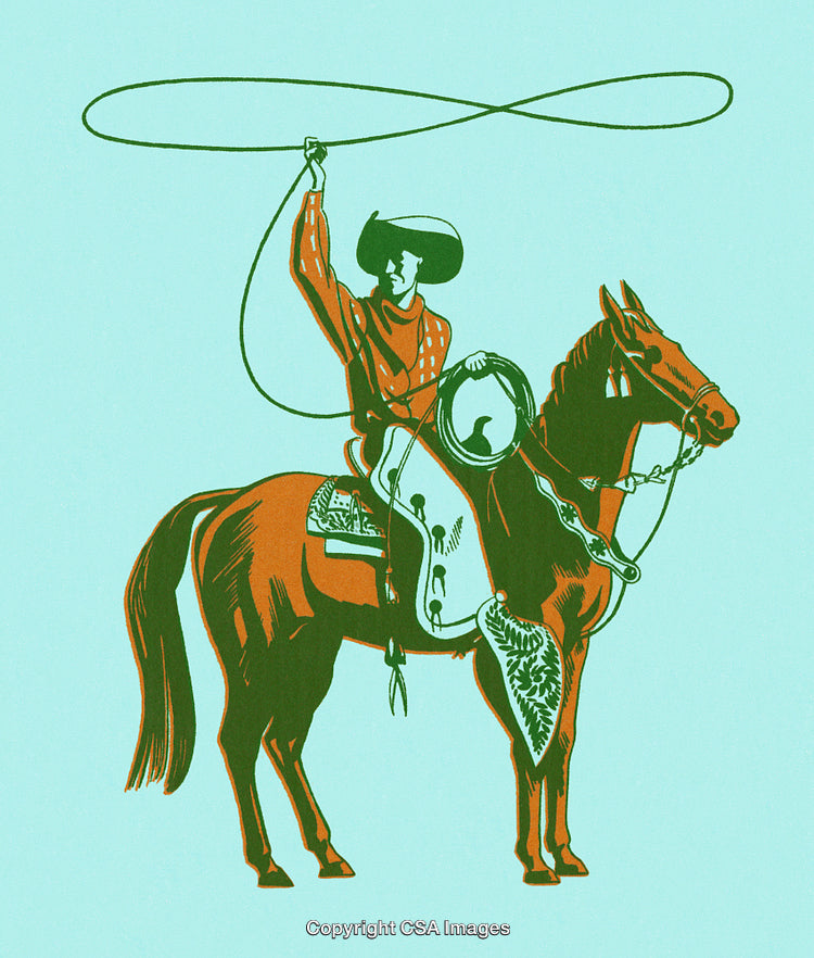 Farmhand Riding Horse While Swinging a Lasso Against Blue Background
