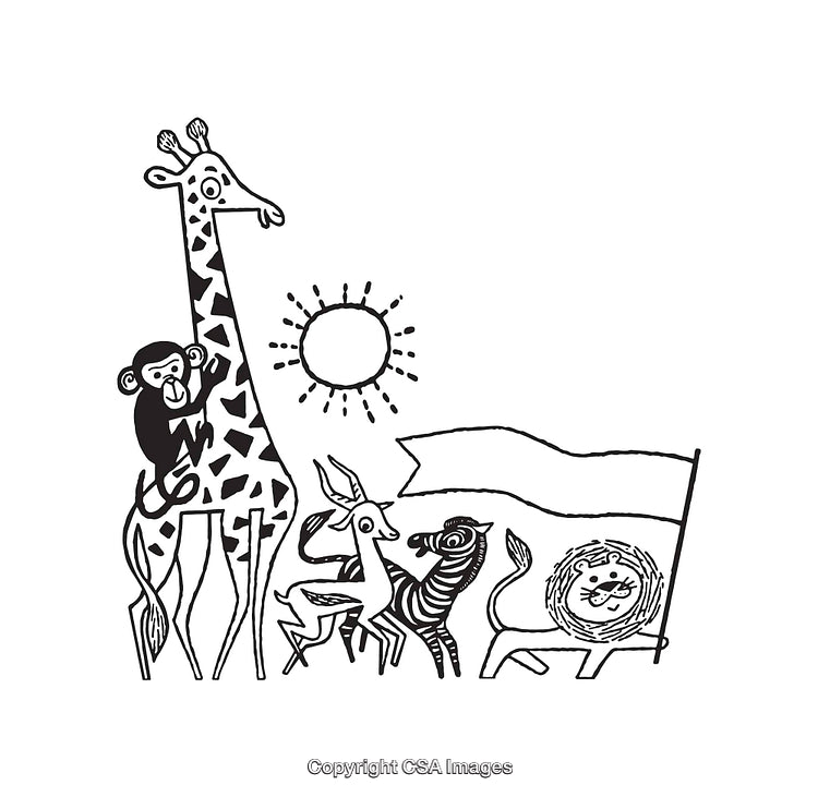 Black and White Line Art of African Animals Under the Sun