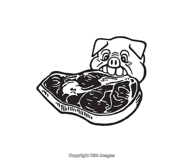 Illustration of a Happy Pig Holding a Large Meat Cut in its Mouth