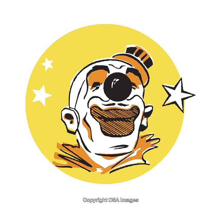 Playful Illustrated Clown Face in Bright Yellow Circle with Star Accents