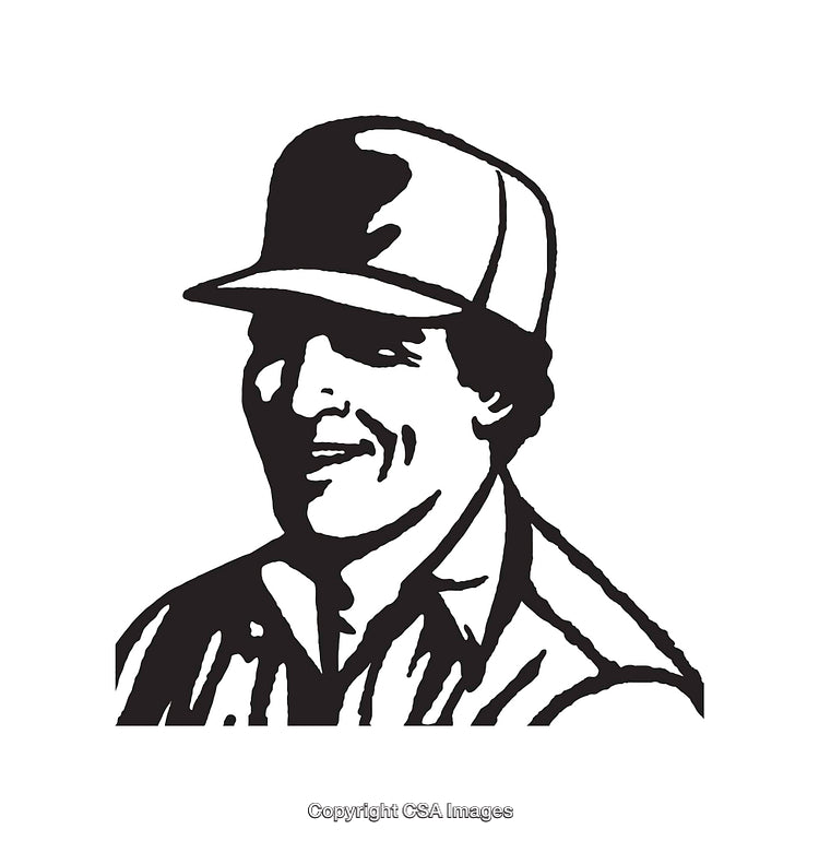 Black And White Line Art of Smiling Worker in a Cap