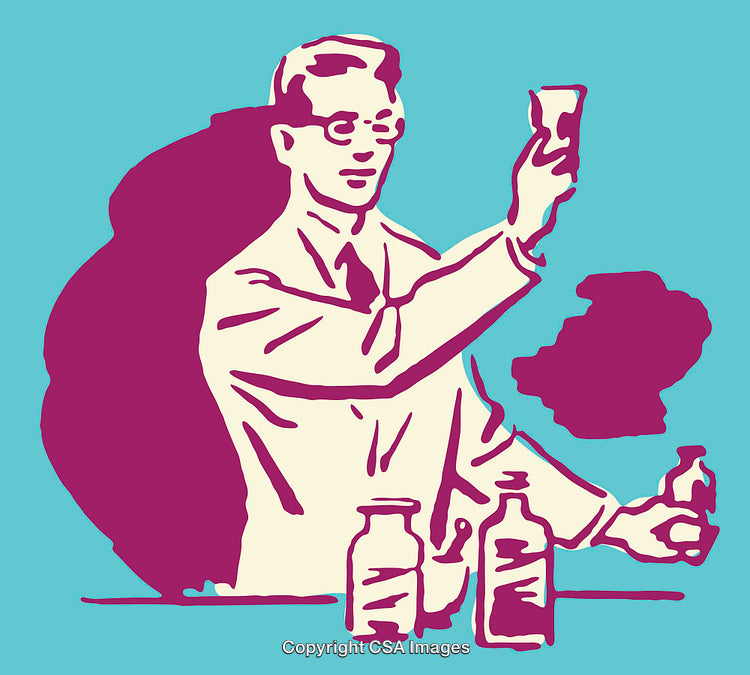 Vintage Line Art Illustration of a Scientist Conducting a Lab Experiment
