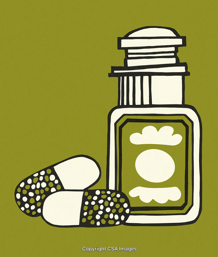 Stylized Illustration of Medicine Bottle and Capsules on Green Background