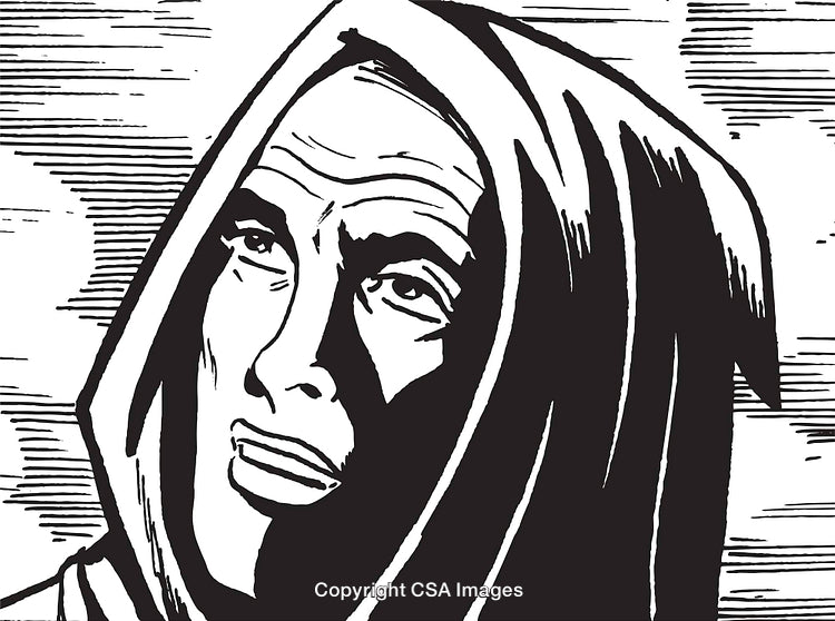 Black and White Illustration of a Thoughtful Woman with Cloak