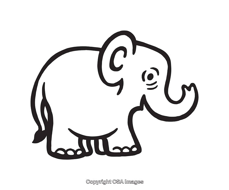 Simple Black and White Line Drawing of a Happy Elephant