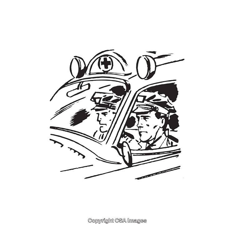 Black And White Illustration of An Ambulance With Two Drivers Inside