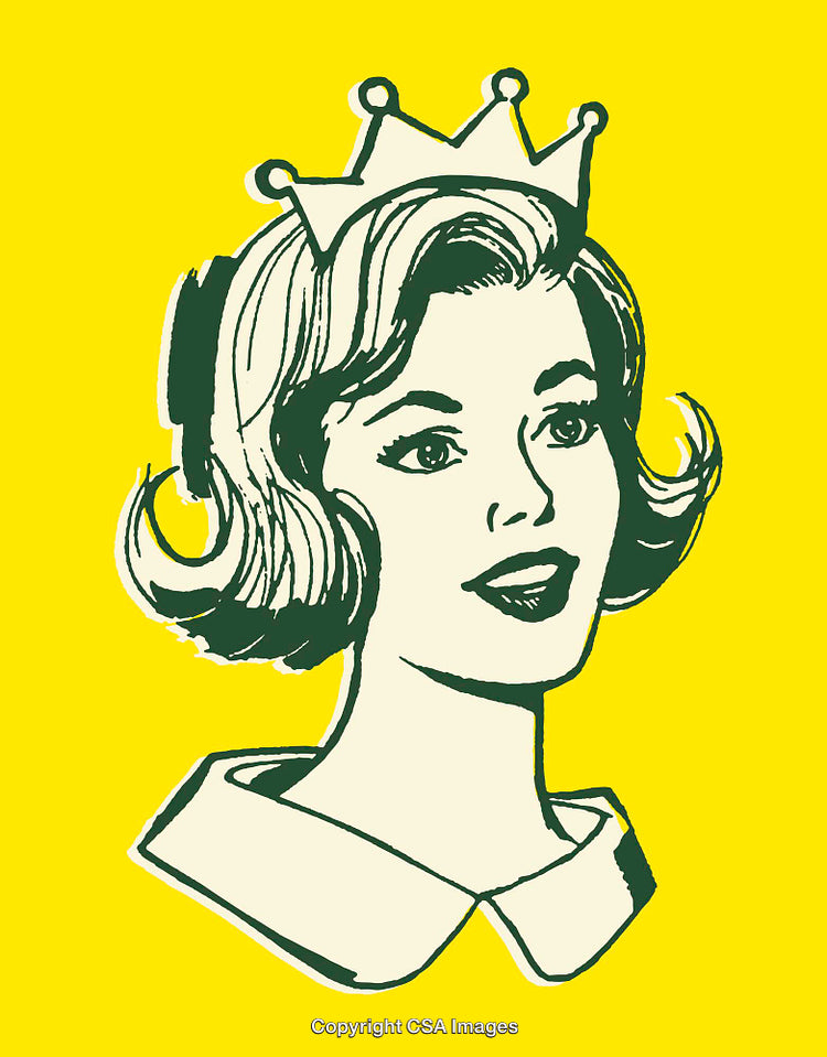 Retro Illustration of Woman with Crown in Vibrant Yellow Background