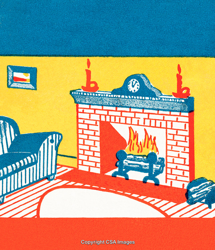 Illustrated Cozy Fireplace Scene with Warm Colors and Furniture