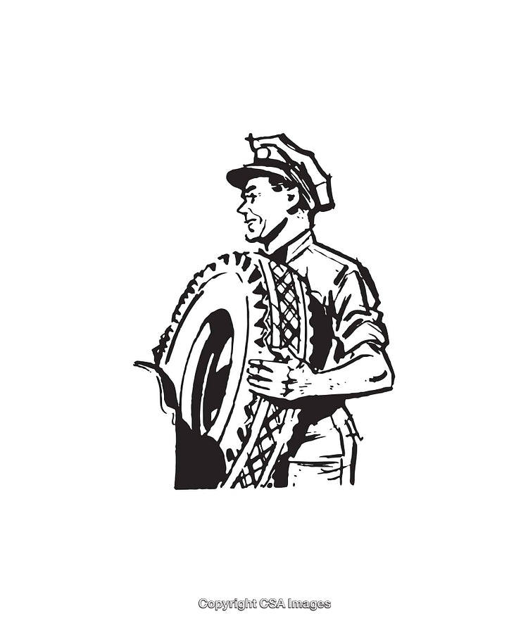 Black and White Illustration of a Worker Holding a Tire