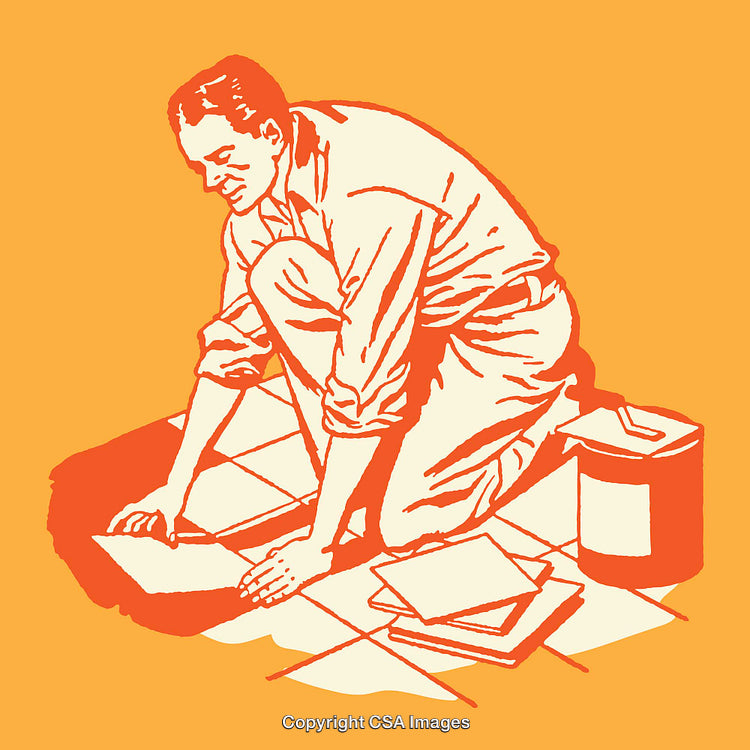Retro Illustration of a Worker Installing Tiles on a Floor