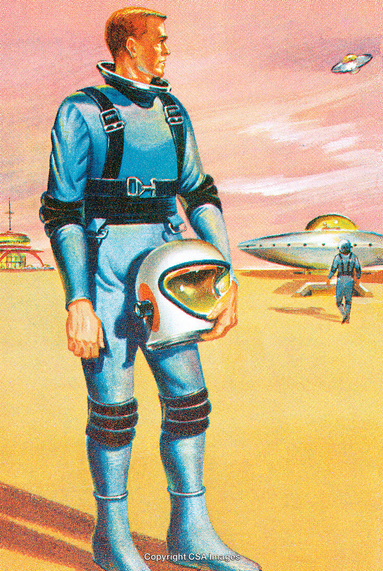 Futuristic Astronaut In Space suit Standing Next to Flying Saucers on an Alien Planet