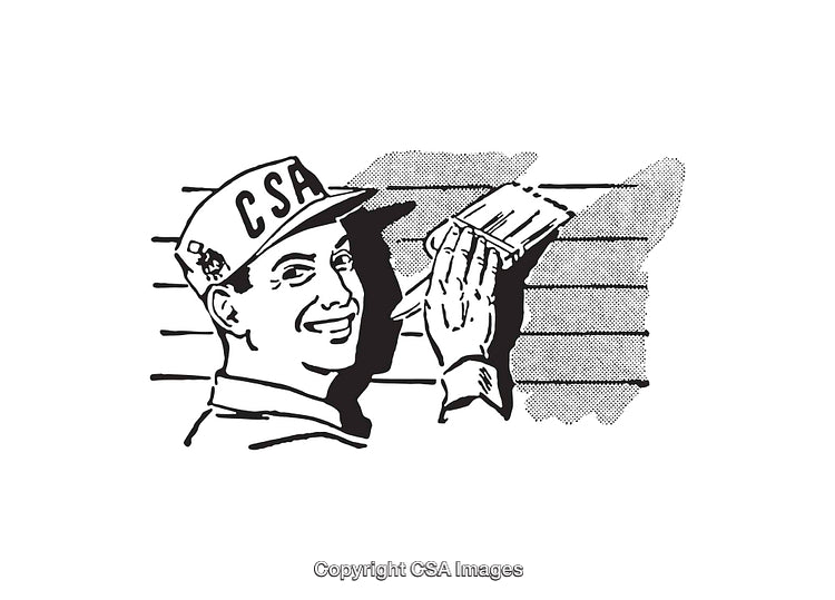 Retro Line Art Illustration of a Worker Painting Exterior Walls