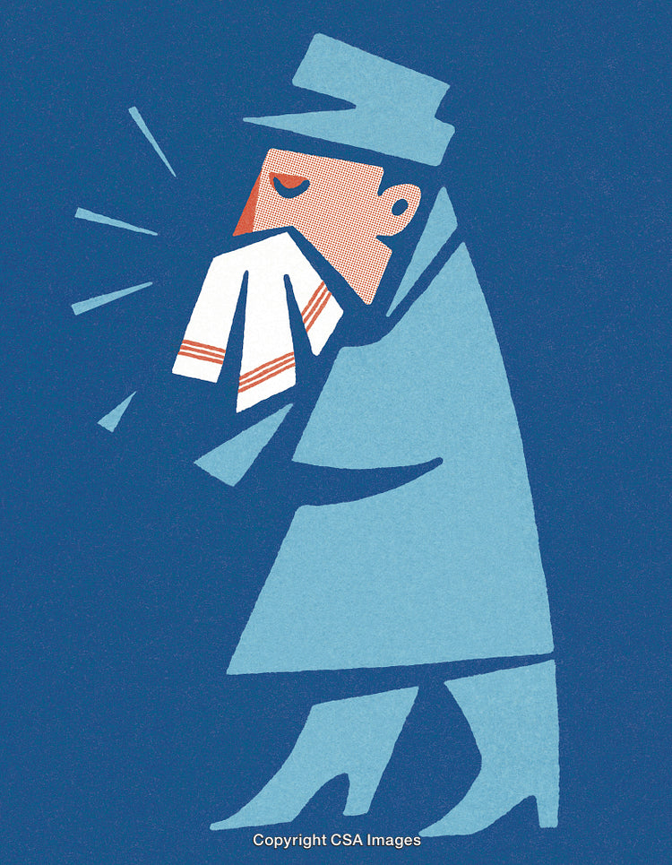 Illustration of a Person Sneezing with Artistic Style on Blue Background