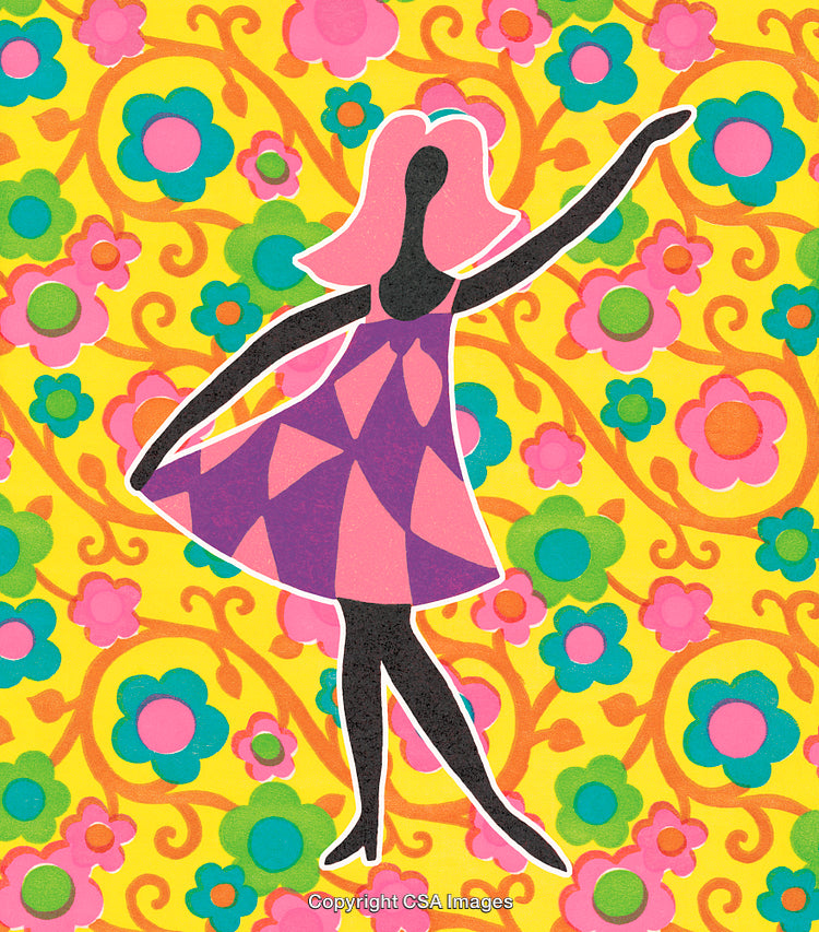 Colorful Abstract Silhouette of Woman Dancing in Floral-Themed Background