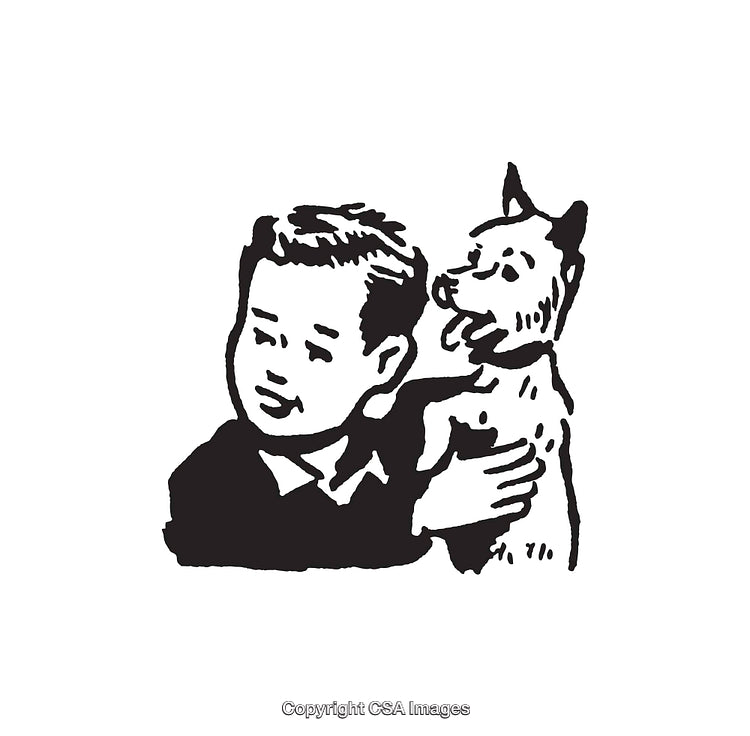 Boy Hugging a Dog in Vintage Black and White Drawing Style