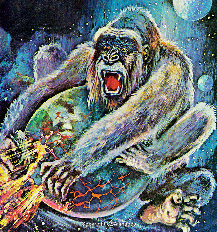 Imposing Gorilla Grasping Shattered Earth Amid Cosmic Setting