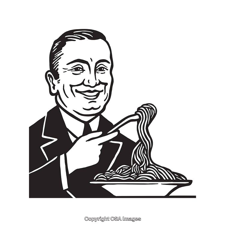 Vintage Line Art Illustration of a Smiling Man Eating Pasta