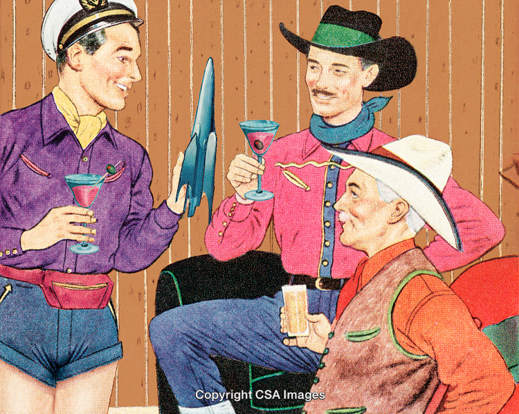 Cheerful Cowboys and a Sailor Conversing Around Drinks in a Vintage Art Style