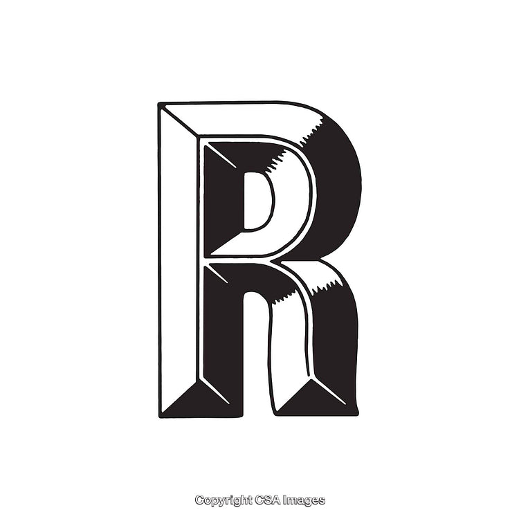 Stylized Black and White Letter R with Bold Geometric Design