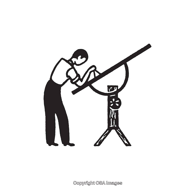 Black and White Line Art Illustration of a Man Using a Drawing Table