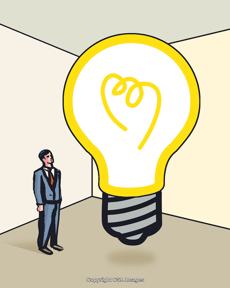 Illustration of Businessman Admiring a Giant Light Bulb in a Room