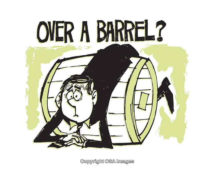 Cartoon Illustrating Being Over a Barrel in a Humorous Style