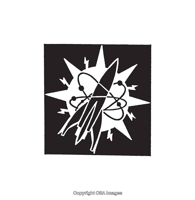 Retro Rocket and Atomic Symbol in Bold Black and White Artwork