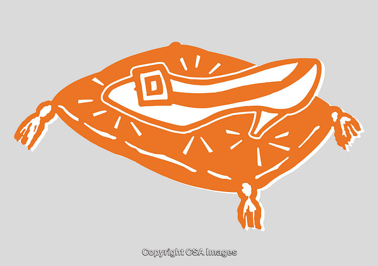 Stylized Illustration of a Shoe on a Decorative Pillow in Orange