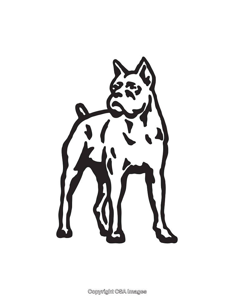 Stylized Black and White Line Art Illustration of a Dog Standing Alert