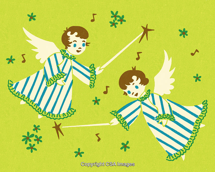 Charming Illustration of Two Angels with Wands in a Playful Setting