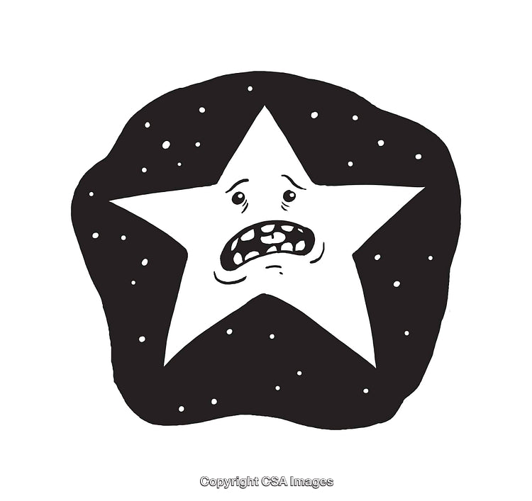 Black and White Line Art Illustration of a Distressed Cartoon Star