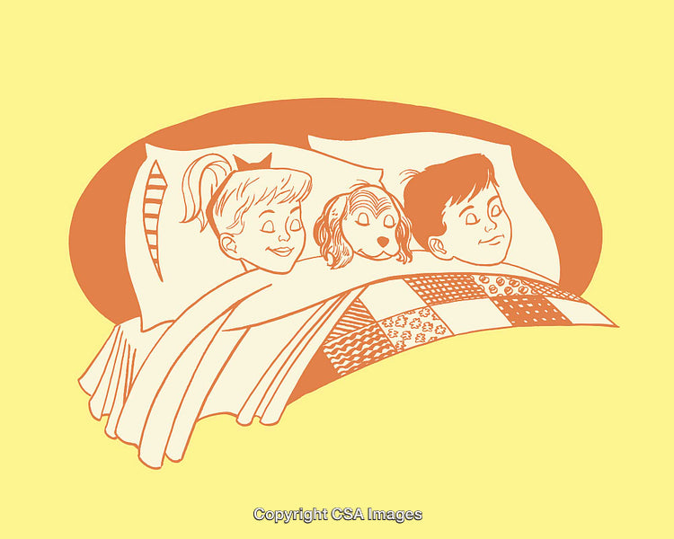 Charming Illustration of Kids and Dog Cozy in Bed