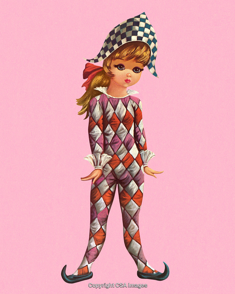 Vintage Styled Illustration of Harlequin Girl on Pink Background