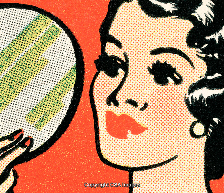 Retro Pop Art Illustration of Woman Holding Mirror in Vibrant Colors