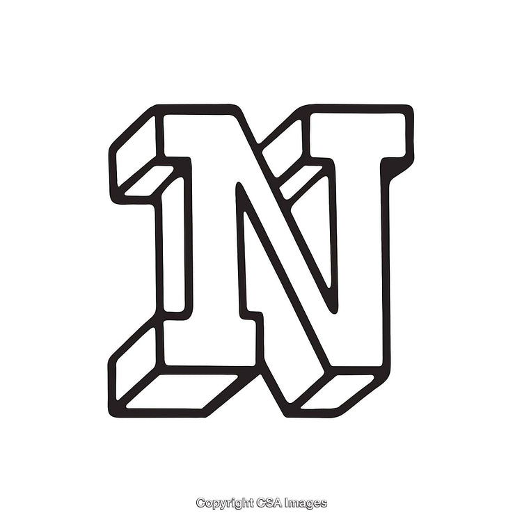 Bold Black Outline 3D Style Capital Letter N on White Background