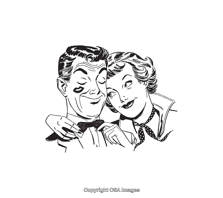 Retro Black and White Illustration of a Charming Couple in a Playful Moment
