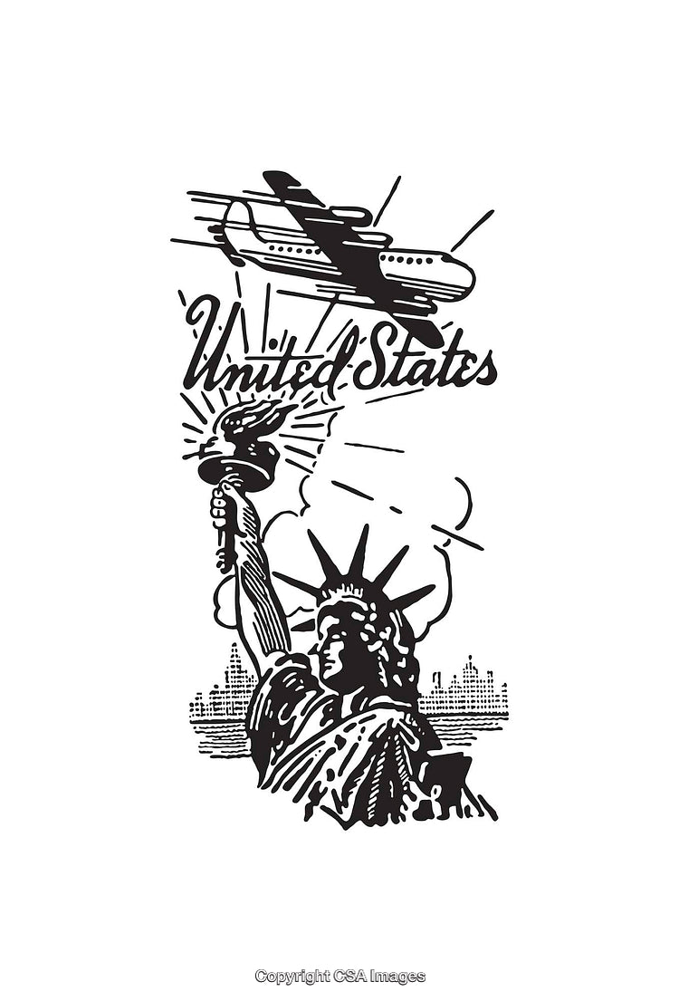 Black and White Line Illustration of Statue of Liberty and Airplane