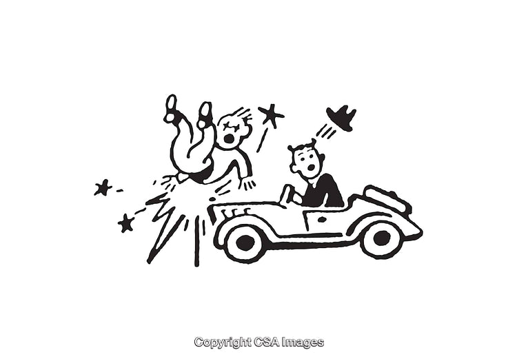Black and White Illustration of a Car Accident Scene with Surprised Characters