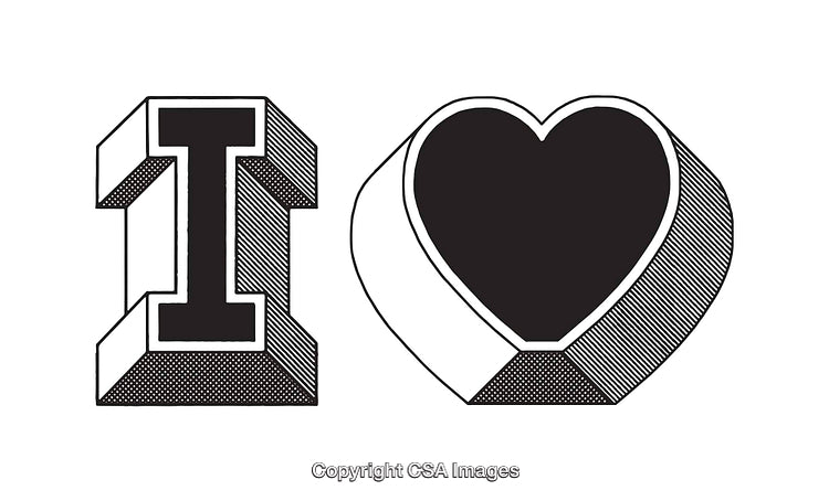 A Black and White Letter and Heart Line Art Illustration Drawing